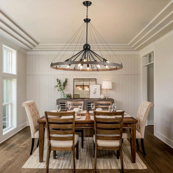 9-Light Black and Wood Grain Wagon Wheel Linear Chandelier for Living Room with No Bulbs Included