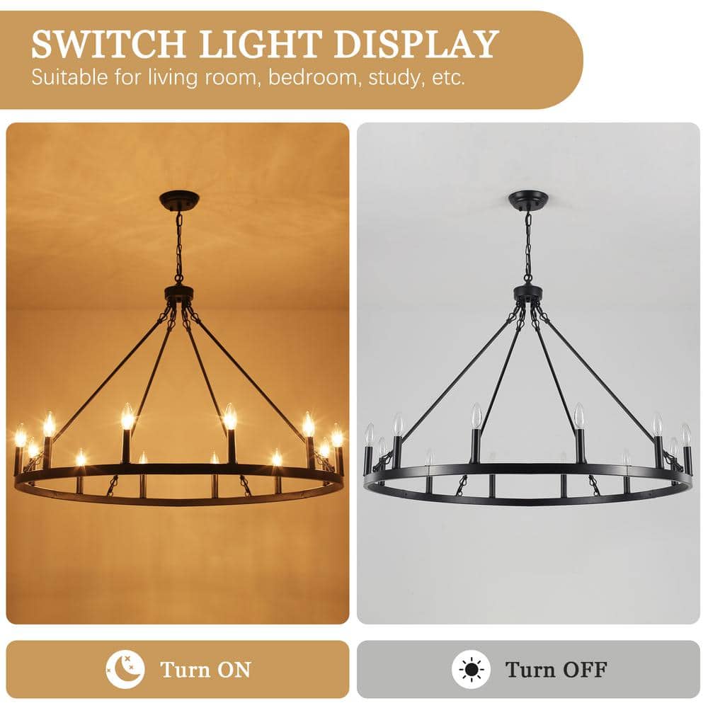Matte Black 12-Light Candle Wagon Wheel Chandelier