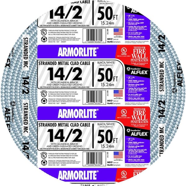 Southwire 14/2 x 50 ft. Stranded CU MC (Metal Clad) Armorlite Cable