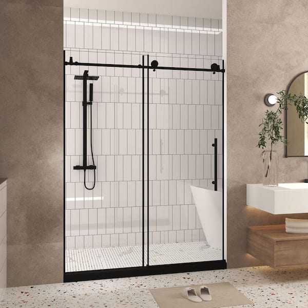 44-48 in. W x 76 in. H Frameless Sliding Shower Door in Matte Black with Tampered Glass, Corrosion-Resistant