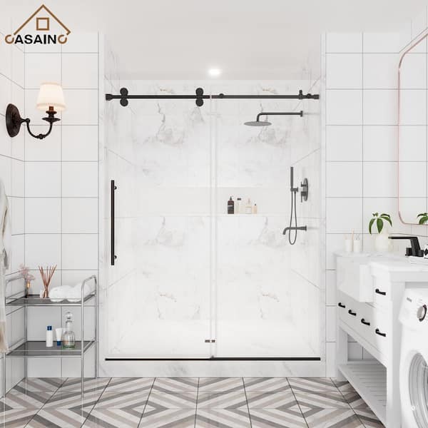 CASAINC 60 in. W x 76 in. H Sliding Frameless Shower Door in Matte Black with Clear Glass