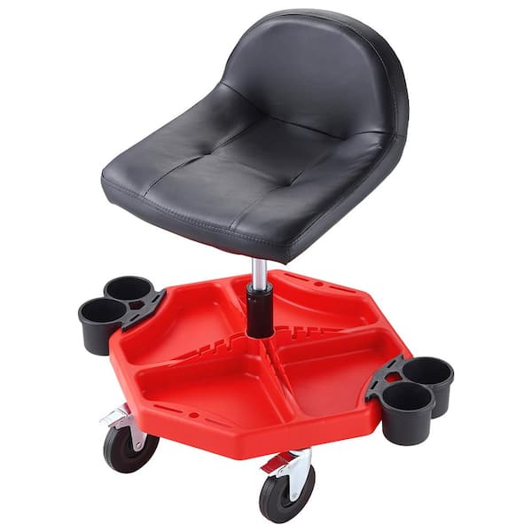Rolling Garage Stool, Adjustable Height, 17 x 15 in. Comfort Cushion, Round Shop Stool with Parts Tray