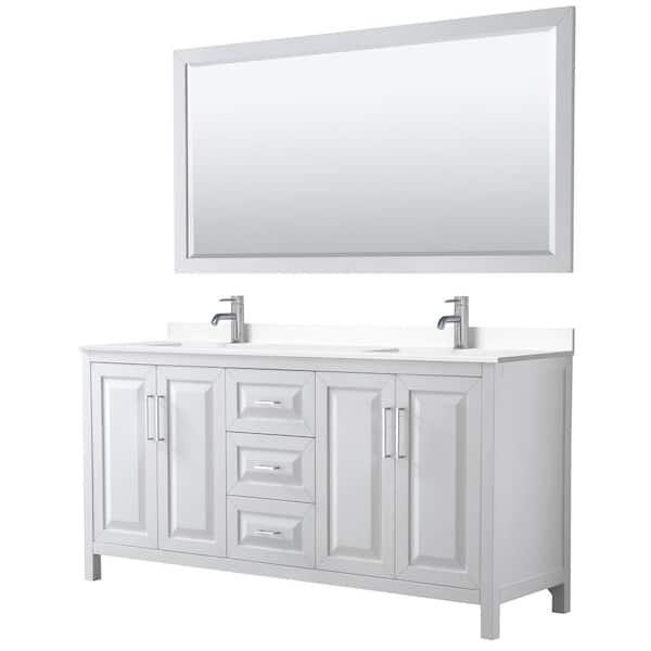Wyndham Collection Daria 72in.Wx22 in.D Double Vanity in White with Cultured Marble Vanity Top in White with Basins and Mirror