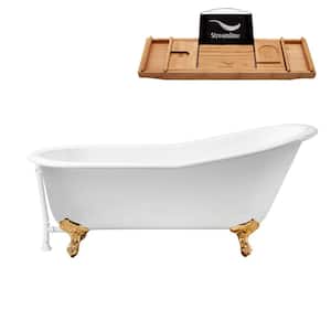 61 in. Cast Iron Clawfoot Non-Whirlpool Bathtub in Glossy White with Glossy White Drain and Polished Gold Clawfeet