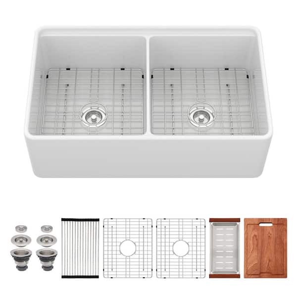 33 in. Farmhouse Double Bowl 16-Gauge White Ceramic Kitchen Sink with Cutting Board, Basket Strainer and Colander