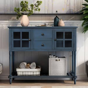 Antique Navy Sideboard Console Table with Bottom Shelf，Wood Buffet Storage Cabinet ，Entryway Side Table for Living Room