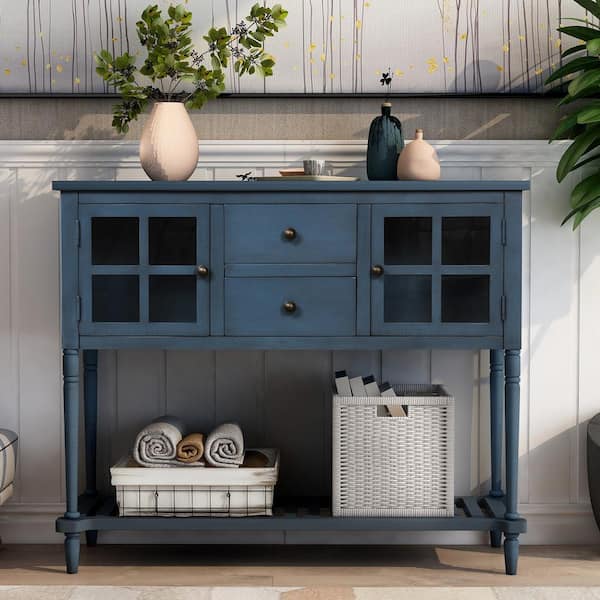 URTR Antique Navy Sideboard Console Table with Bottom Shelf，Wood Buffet Storage Cabinet ，Entryway Side Table for Living Room