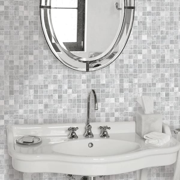 Metallic Grey Mosaic Tiles Vinyl Peel and Stick Wallpaper Roll (Covers 56 sq. ft.)