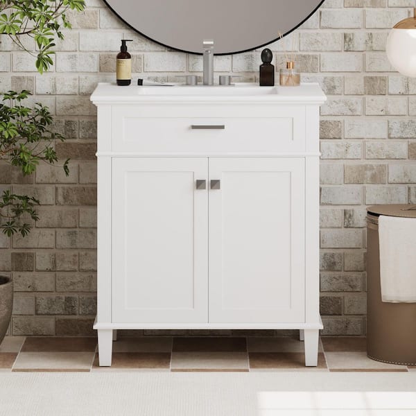 30 in. Single Sink Elegant White Cabinet Bath Vanity with White Ceramic Top, Soft Close Door and Adjustable Shelves