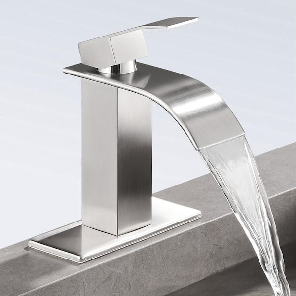 Heemli Waterfall Single Hole Single-Handle Low-Arc Bathroom Faucet with Supply Line and Deckplate in Brushed Nickel