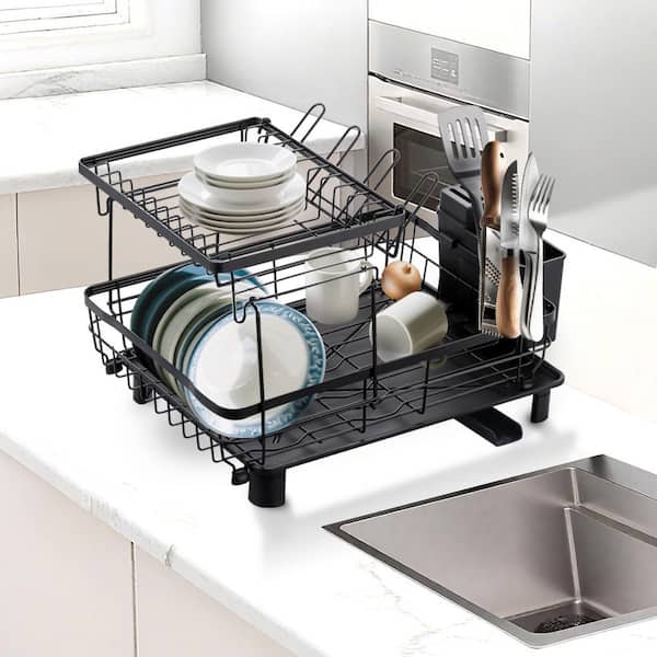 Matte Black Kitchen 2-Tier Dish Rack with Removable Drip Tray