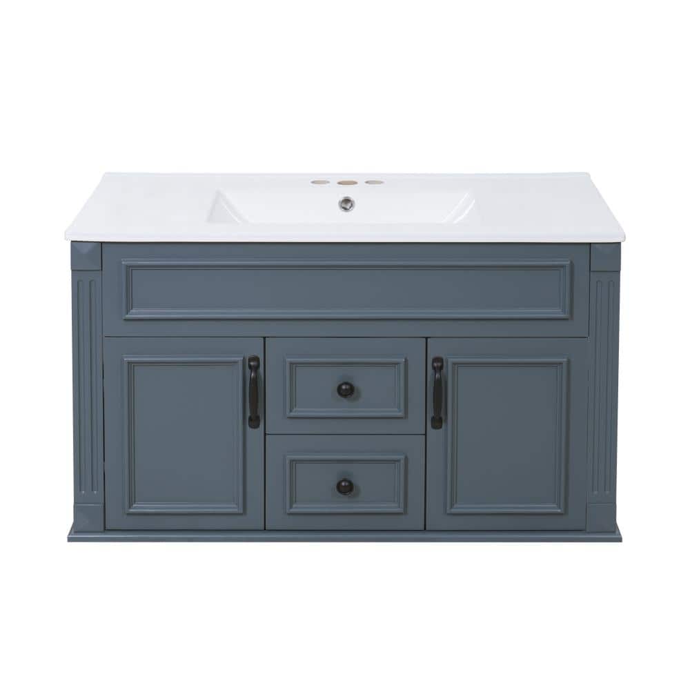 36 in. Floating Solid Wood Bathroom Vanity in Blue with Glossy White Ceramic Top price history on PriceWatchPro