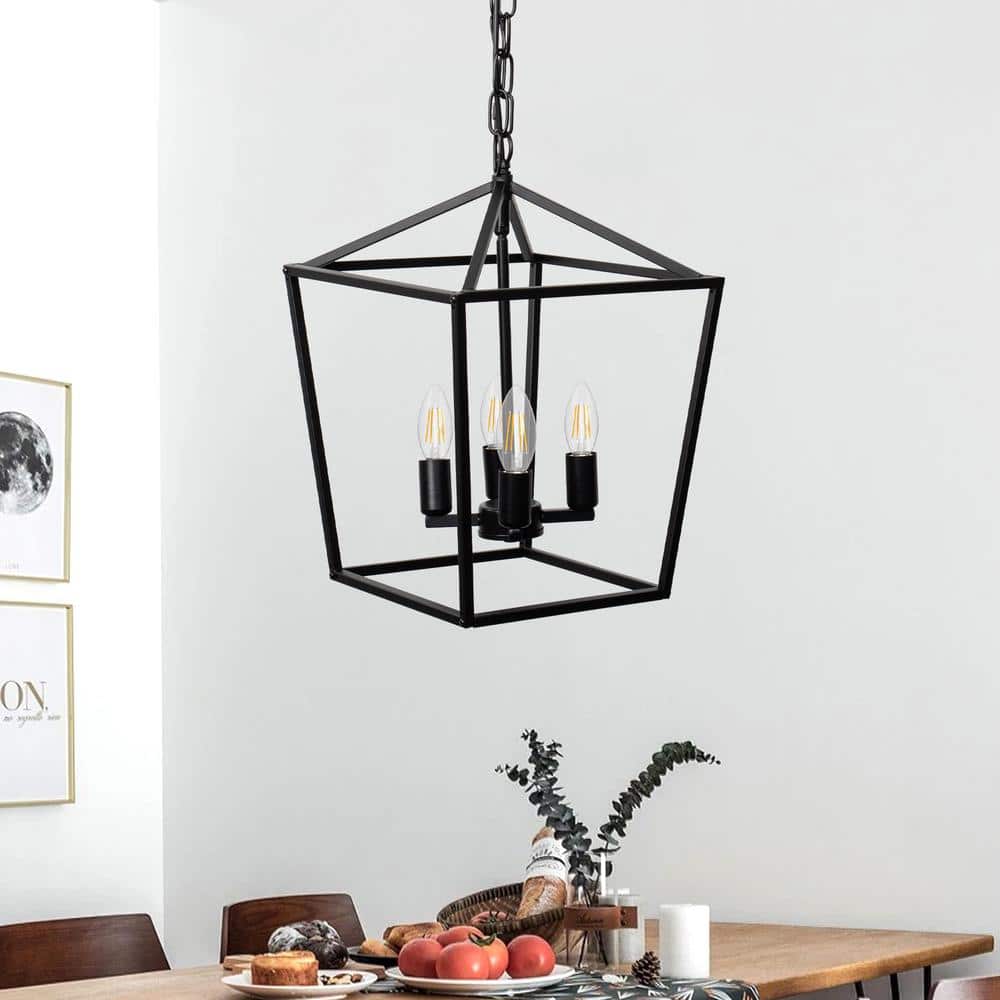 Black Metal Geometric Lantern Pendant Light with Chain