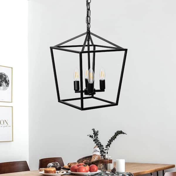 4-Light Geometric Cage Lantern Pendant Light with Black Finish