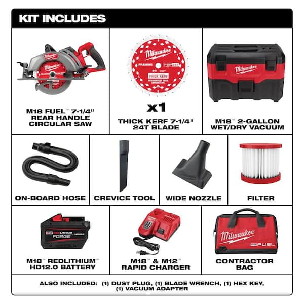 M18 FUEL 18V Lith-Ion Cordless 7-1/4 in. Rear Handle Circular Saw Kit w/ FORGE 12.0 Ah Battery, Charger, and M18 Vac