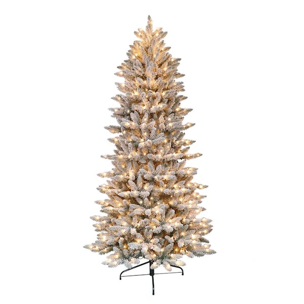 Puleo International 7.5 ft. Pre-Lit Flocked Slim Fraser Fir Artificial Christmas Tree with 500 UL-Listed Clear Lights