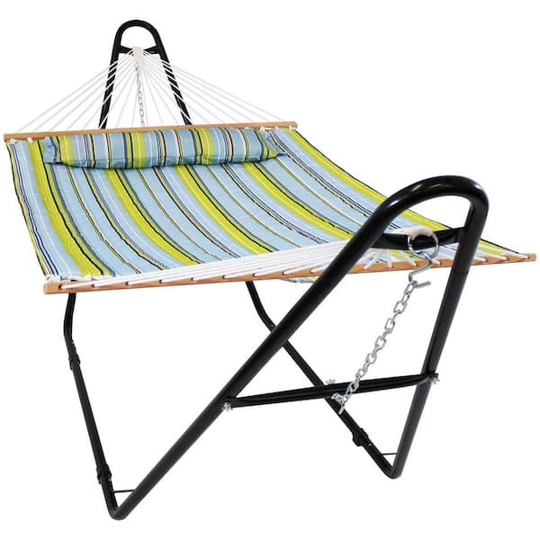 Sunnydaze 11-3/4 ft. Quilted 2-Person Hammock with Multi-Use Universal Stand in Blue and Green