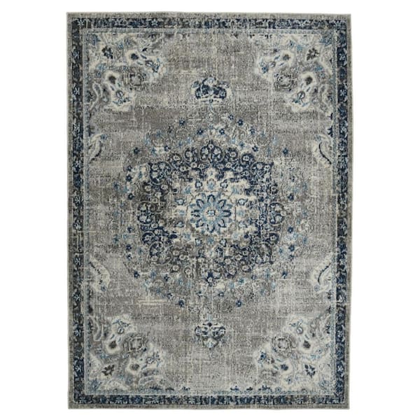 9 ft. x 12 ft. Teal Gray And Ivory Area Rug