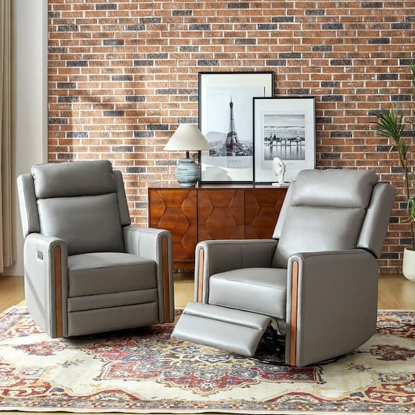 Lucio Grey Genuine Leather Power Recliner with 1-Touch Reset (Set of 2)