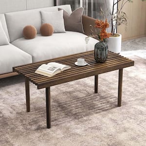 39 in. Brown Rectangle Rubber Wood Coffee Table Cocktail Tea Table Slatted Tabletop