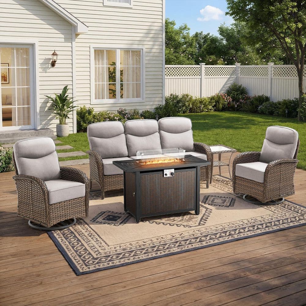 Moonridge 5-Piece Brown Wicker Fire Pit Conversation Set with 6 In. Olefin Beige Cushions / Metal Fire Pit Table price history on PriceWatchPro