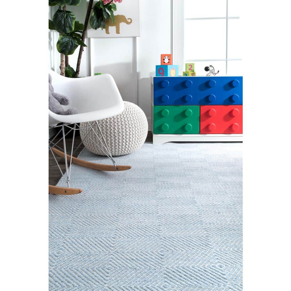 Light Blue Geometric Handwoven Wool Area Rug, 5' x 8'