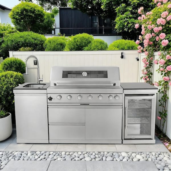 6-Burner Propane Gas Grill Island in Silver 85000 BTU Deluxe Stainless Steel Outdoor Kitchen w/ Wheel and Refrigerator