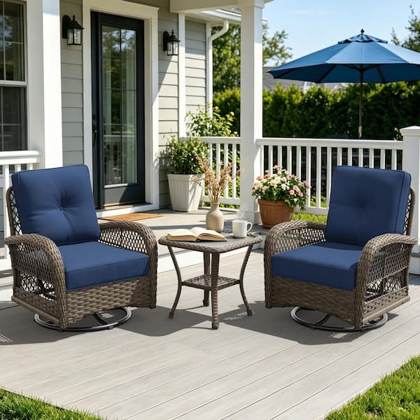 3-Piece Wicker Outdoor Rocking Chair Patio Conversation Set Swivel Chairs with Blue Cushions and Side Table