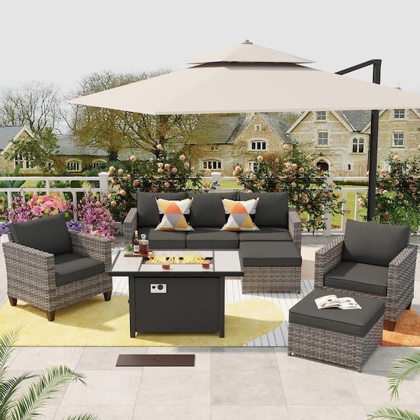 XIZZI Milan Gray 6-Piece Wicker Outdoor Patio Rectangular Fire Pit Seating Sofa Set and with Black Cushions