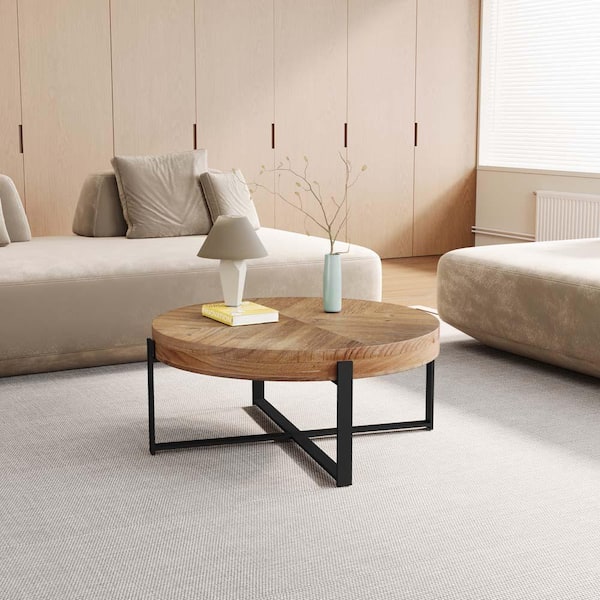 wetiny 31.29 in. Black Round Wood Coffee Table with Cross Legs Base