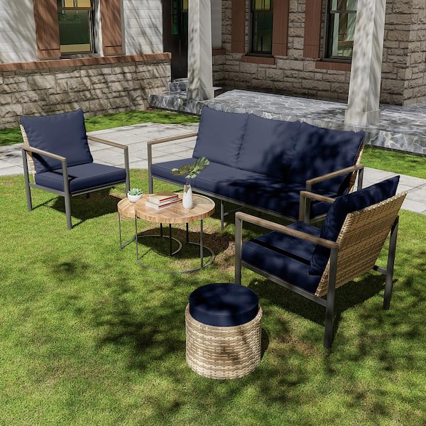 INMITOM 5-Piece Wicker Outdoor Patio Conversation Set with Blue Cushions and Coffee Table