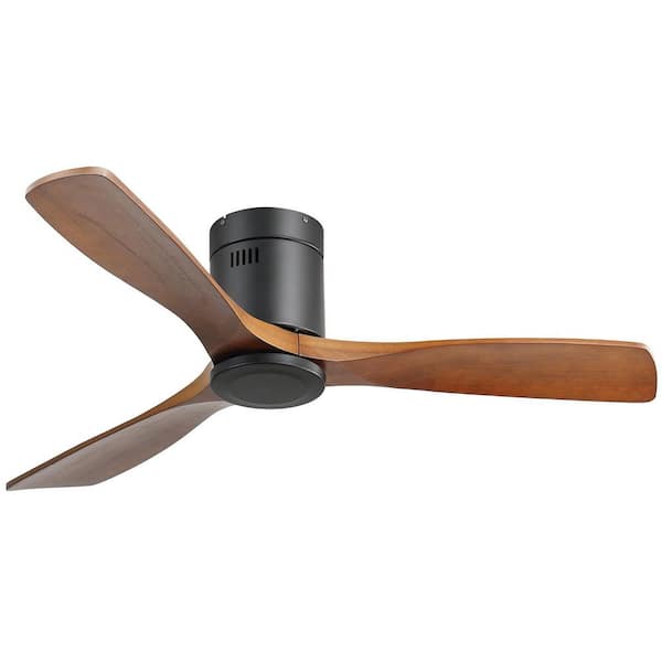 52 in. Indoor/Outdoor Flush Mount Ceiling Fan 3-Carved Wood Fan Blades Matte Black Ceiling Fan with 6-Speed Remote