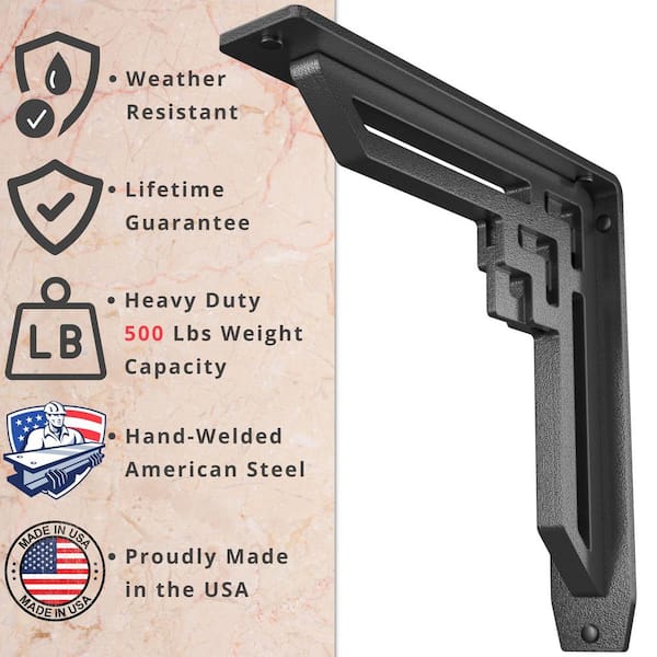 Aruat Shelf Brackets – 6-Pack Heavy Duty 10” Metal Brackets With Hooks, 1/5” Thick, Holds 160+ Lbs, Black Powder Coat