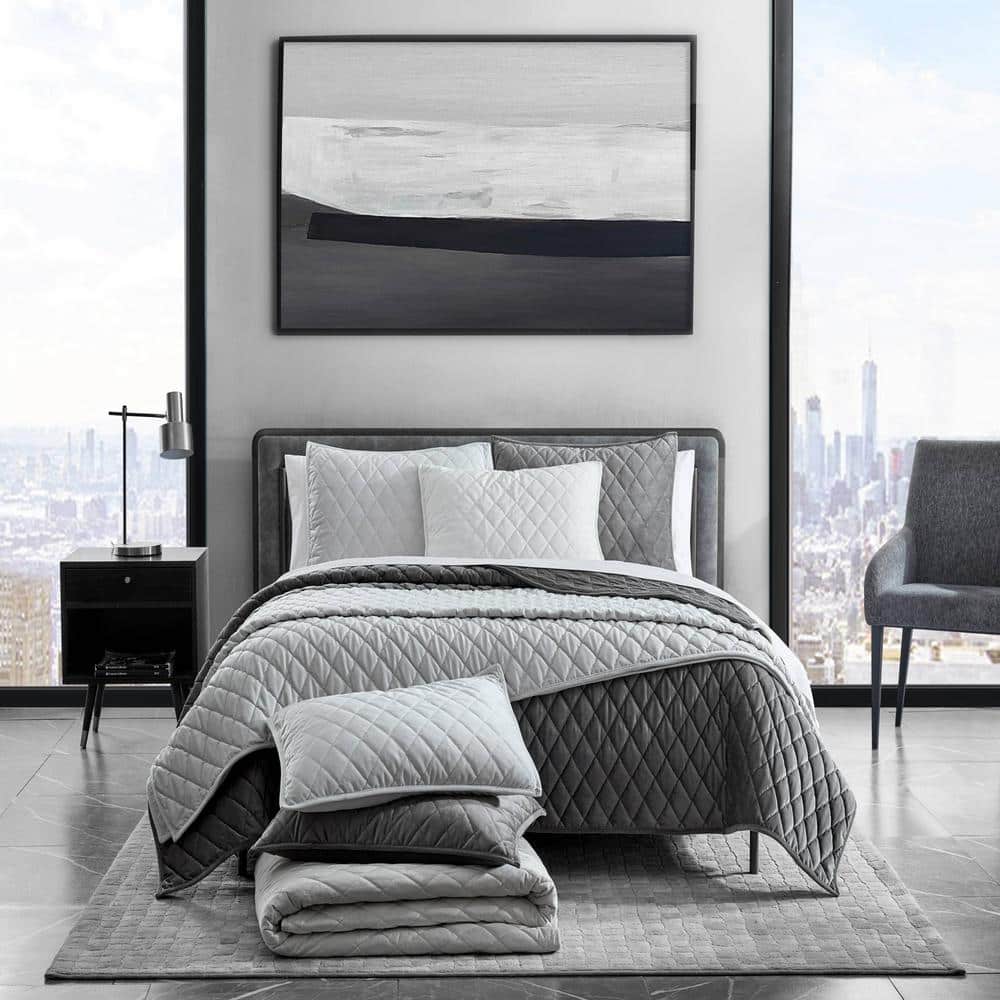 Charcoal Velvet Diamond Reversible Queen Quilt Set