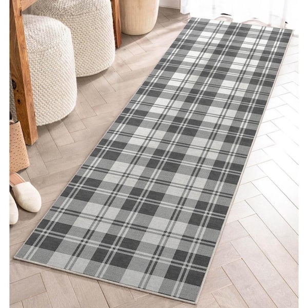 Dark Grey 2 ft. 3 in. x 7 ft. 3 in. Runner Apollo Plaid Farmhouse Geometric Area Rug