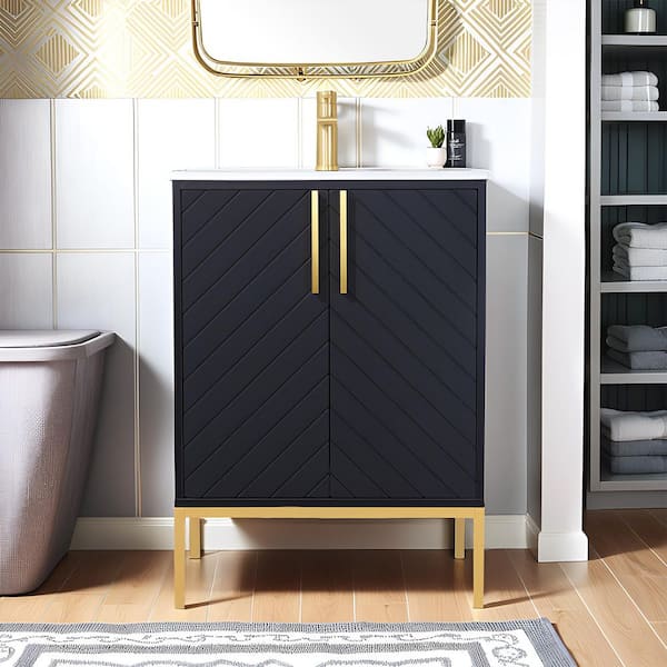 24 in. W Freestanding Bath Vanity in Black with White Ceramic Sink Top, Soft-Close
