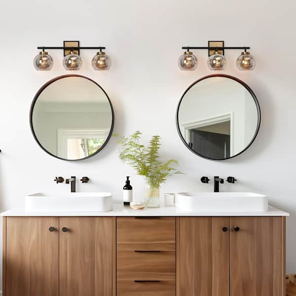 22 in. 3-Light Black and Gold Bathroom Vanity Light, Modern Vintage Brass Vanity Light, Globe Mercury Glass Wall Sconce