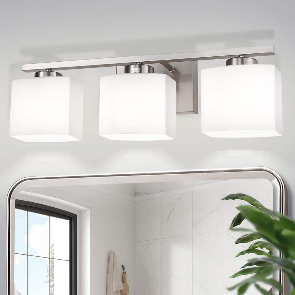 22 in. 3 Light Nickel Modern Square Vanity Light for Bathroom, Bedroom, Hallway with Milk White Glass Shades price history on PriceWatchPro