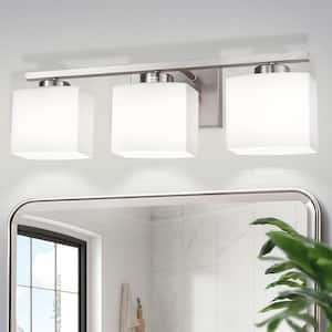 22 in. 3 Light Nickel Modern Square Vanity Light for Bathroom, Bedroom, Hallway with Milk White Glass Shades