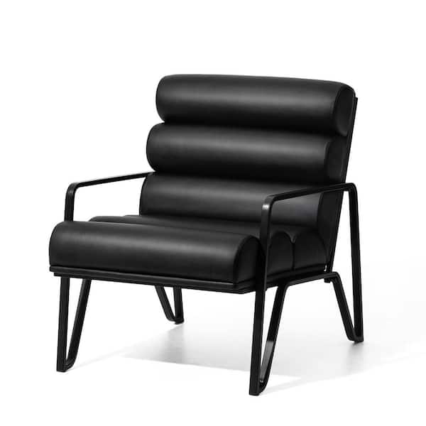 Modern Black Wavy Leatherette Accent Arm Chair with Black Metal Frame