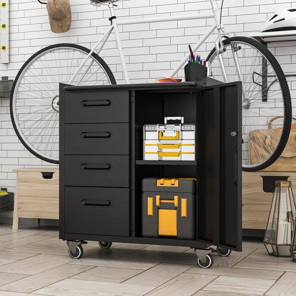 Black 35 in. H Metal Tool Cabinet for Garage with Wheels Rolling Mobile Sto