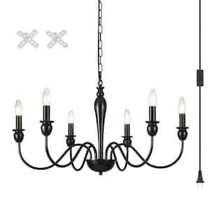 6 Light 28.54 in. Black Chandeliers with Plug-in Cord for Living Room with No Bulbs Included