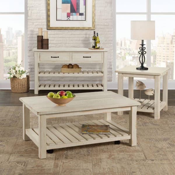 HomeRoots Amelia 42 in. Antique White Rectangle Wood Coffee Table with Solid Wood, Shelves, Casters