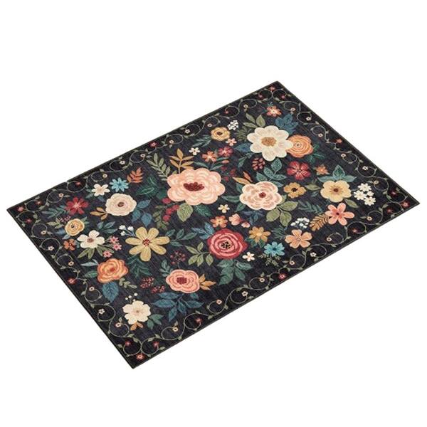 2x3 Black Non Slip Boho Rugs for Entryway, Floral Indoor Washable Door Mat
