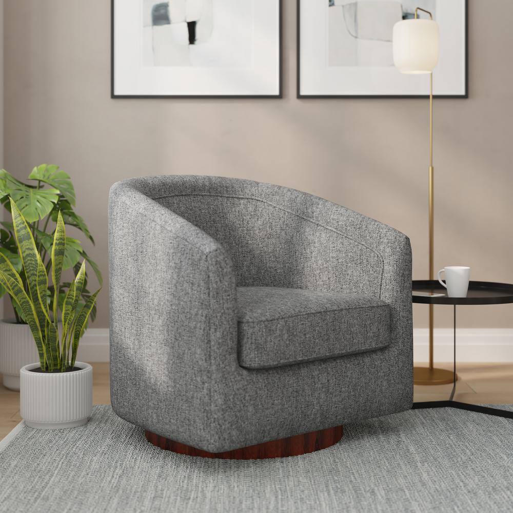 Gray Faux Leather Swivel Barrel Accent Chair with Wood Base
