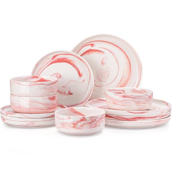 Luna 12-Piece Marble Pink Porcelain Dinnerware Set with Plates and Cereal Bowls, Service for 4