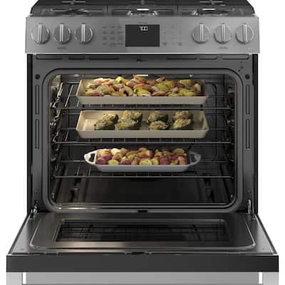 30 in. 5.6 cu. ft. Slide-In Smart Gas Range with Self-Cleaning Convection Oven in Platinum Glass