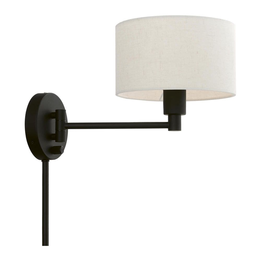 Transitional Black Swing Arm Wall Lamp with Oatmeal Fabric Shade