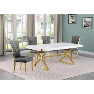 Miguel 5-Piece Rectangle White Wood Top Gold Stainless Steel Dining Set with 4 Dark Gray Velvet Chairs