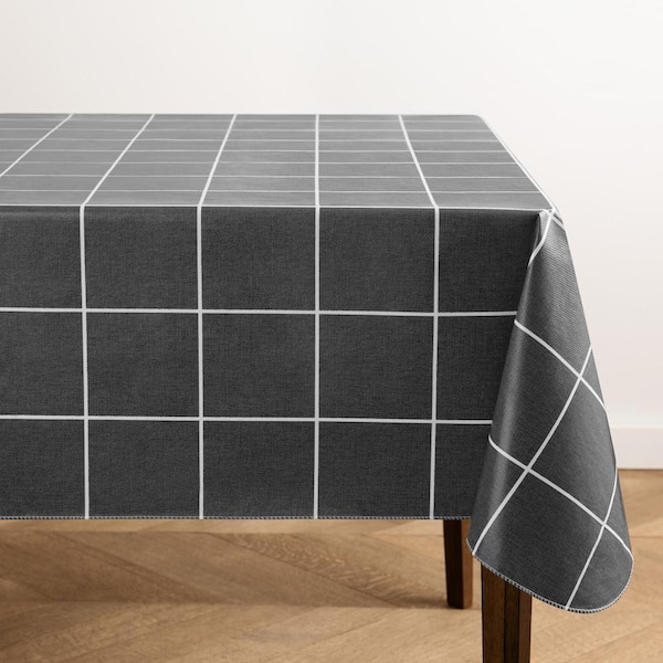 Threadmade Home Windowpane Plaid Grid Printed Vinyl Indoor/Outdoor Tablecloth, Black - 60"W x 102"L